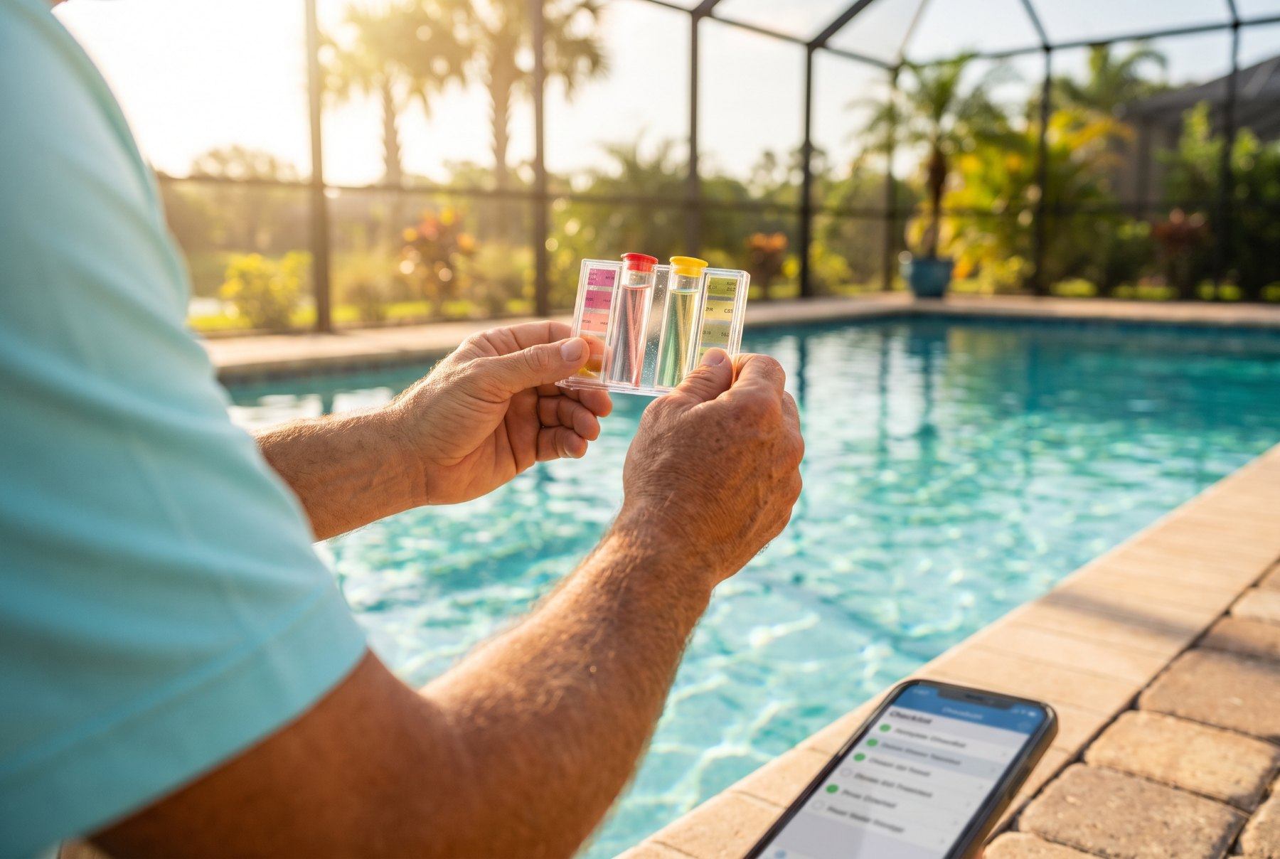 Kingfisher technician testing pool water chemistry