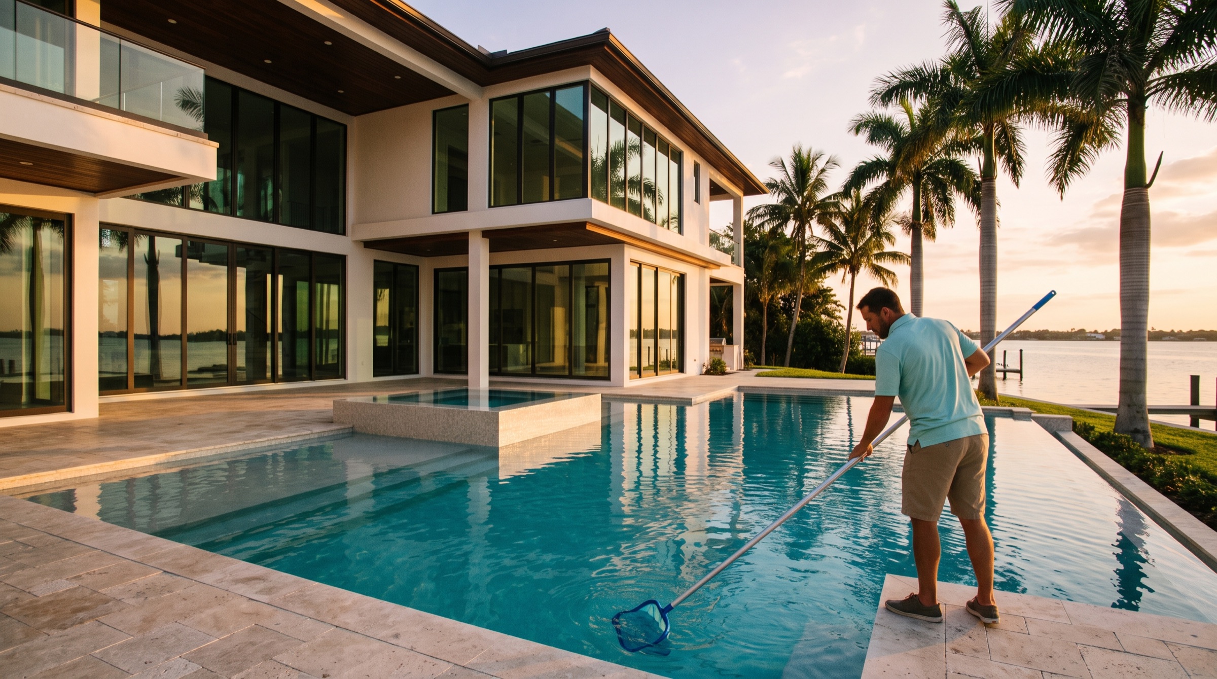Kingfisher technician skimming a luxury Florida pool at golden hour, modern home behind