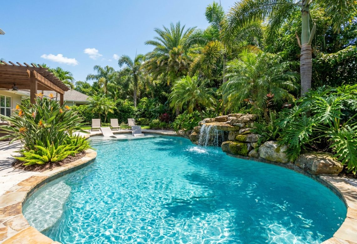 Freeform pool with rock waterfall