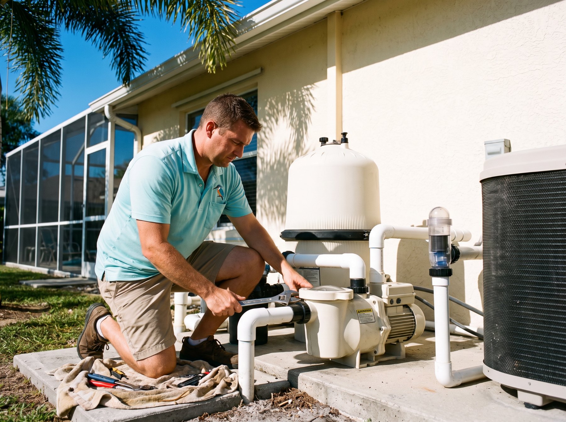 Kingfisher repair technician working on a pool equipment pad