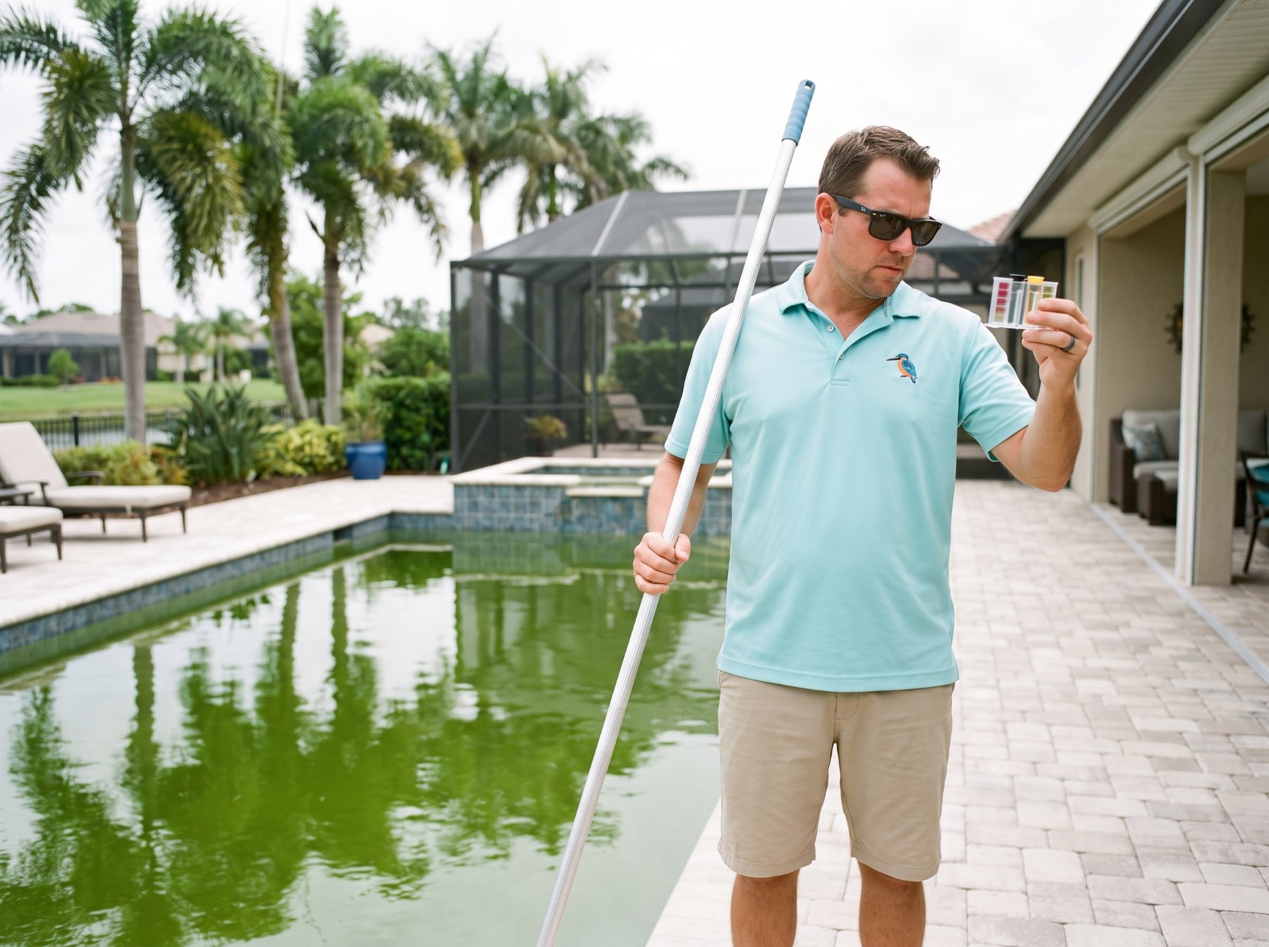 Kingfisher technician testing a green pool