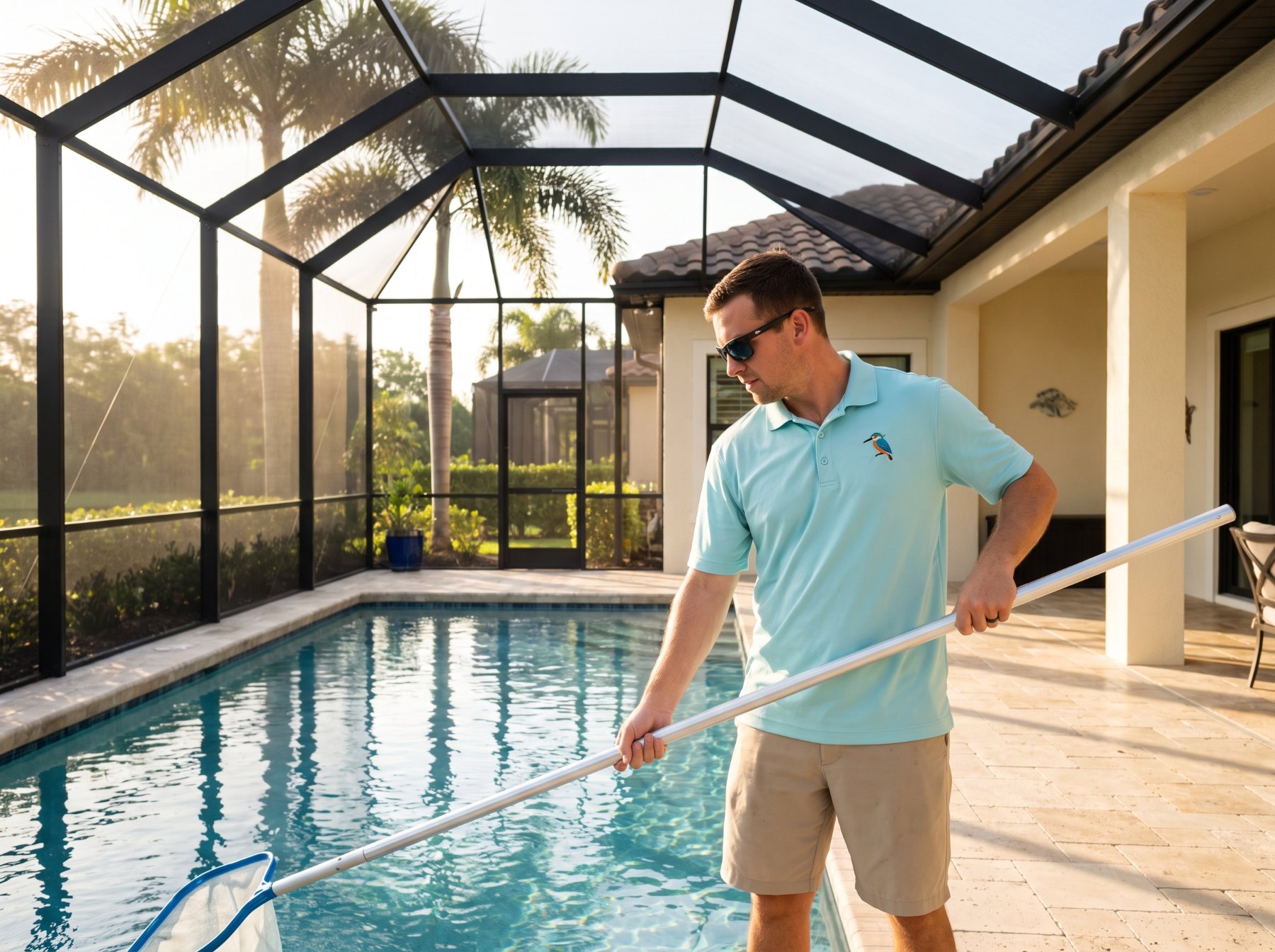 Kingfisher technician skimming a screened lanai pool
